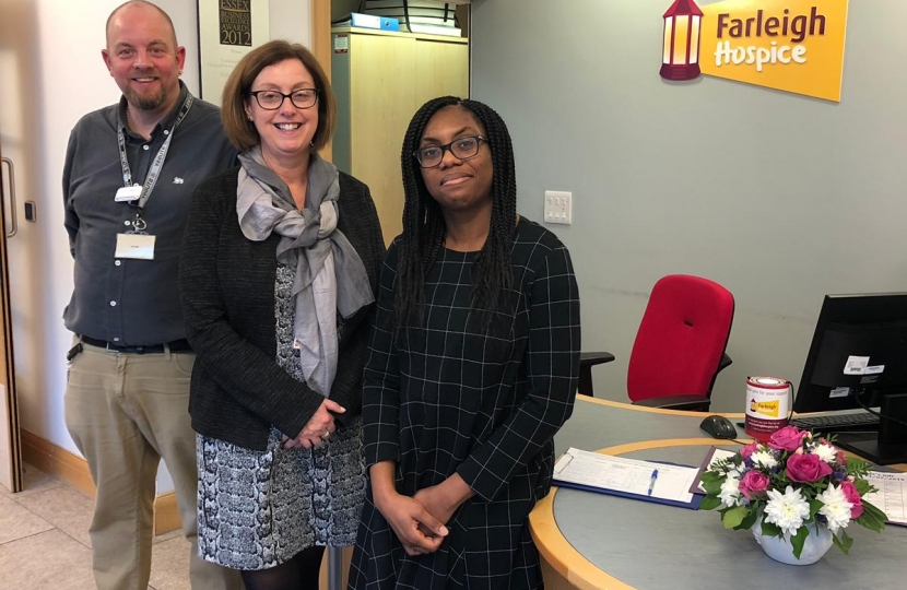 Kemi Badenoch MP at Farleigh Hospice with Chief Executive Alison Stevens and Local Hospice Lottery's CEO Gary Hawkes